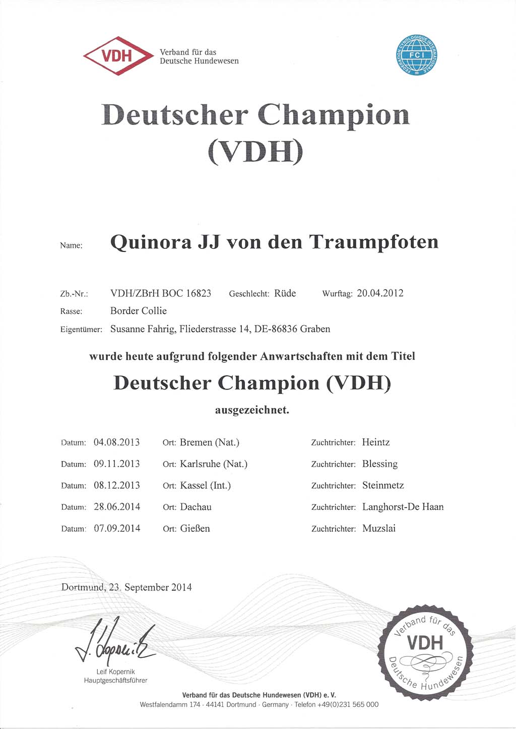 JJ - Urkunde Deutscher Champion VDH